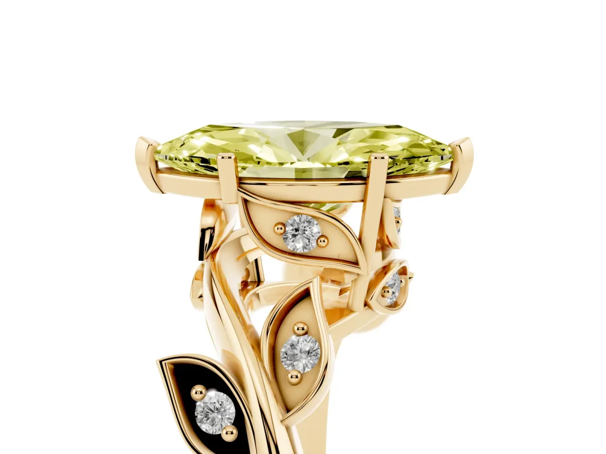 Fancy Yellow Marquise Cut Solitaire Twist Engagement Ring with Leaf Accents and Prong Setting Yellow gold