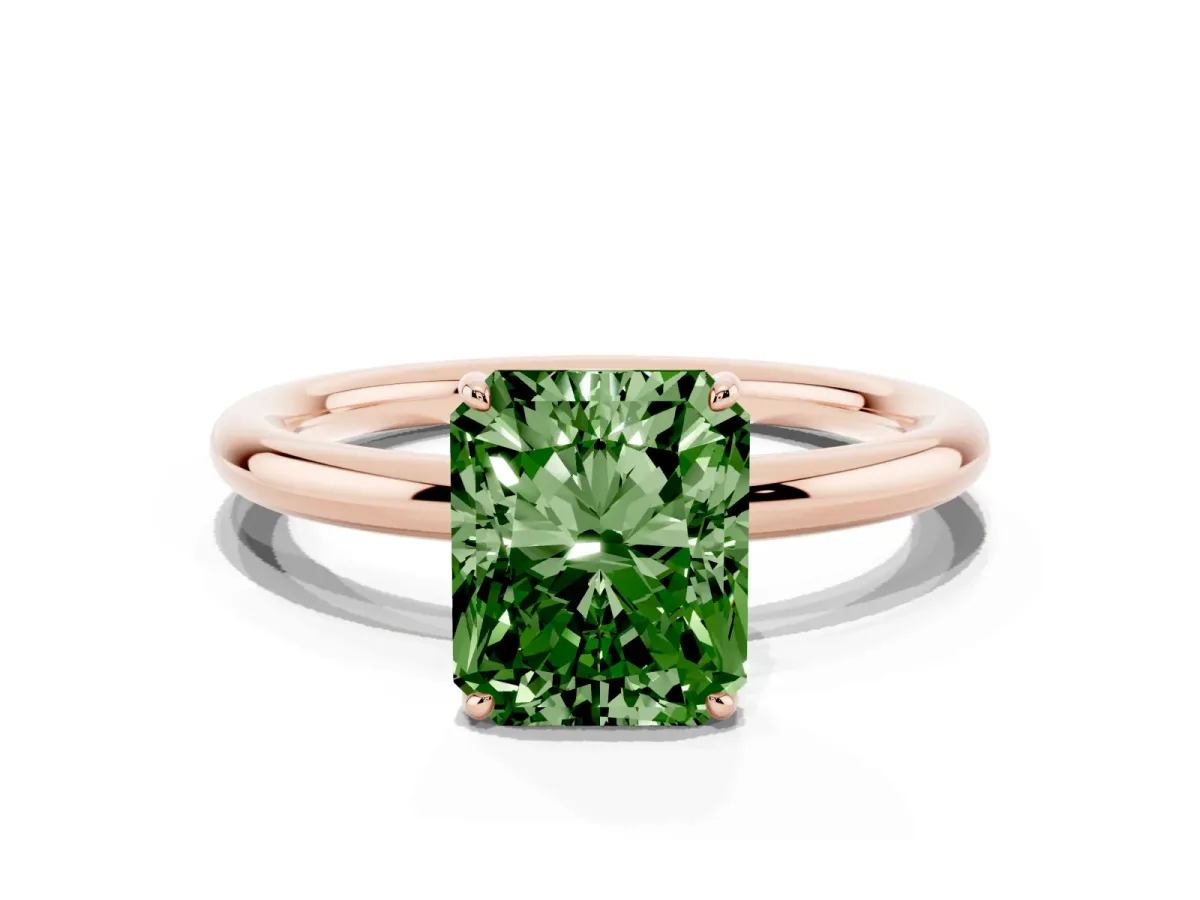 Fancy Green Radiant Cut Solitaire Diamond Ring with Four-Prong Setting on a Plain Band Rose gold