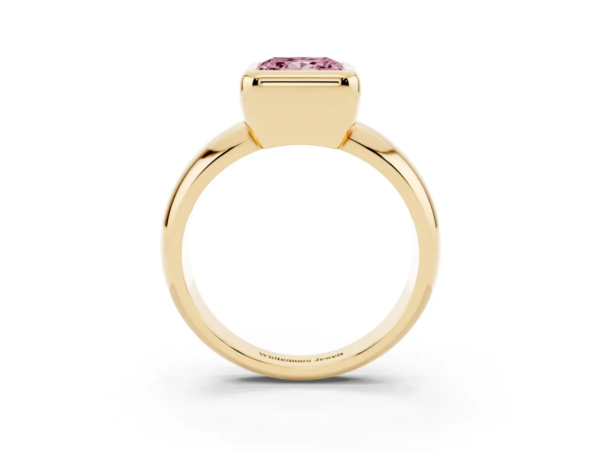 Fancy Pink Bezel Set Princess Cut Solitaire Ring with Wide Band Yellow gold