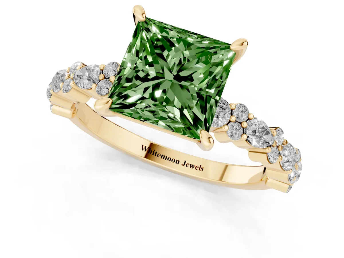 Fancy Green Princess Cut Diamond Side Stone Solitaire Ring with Round and Four-Prong Setting Yellow gold