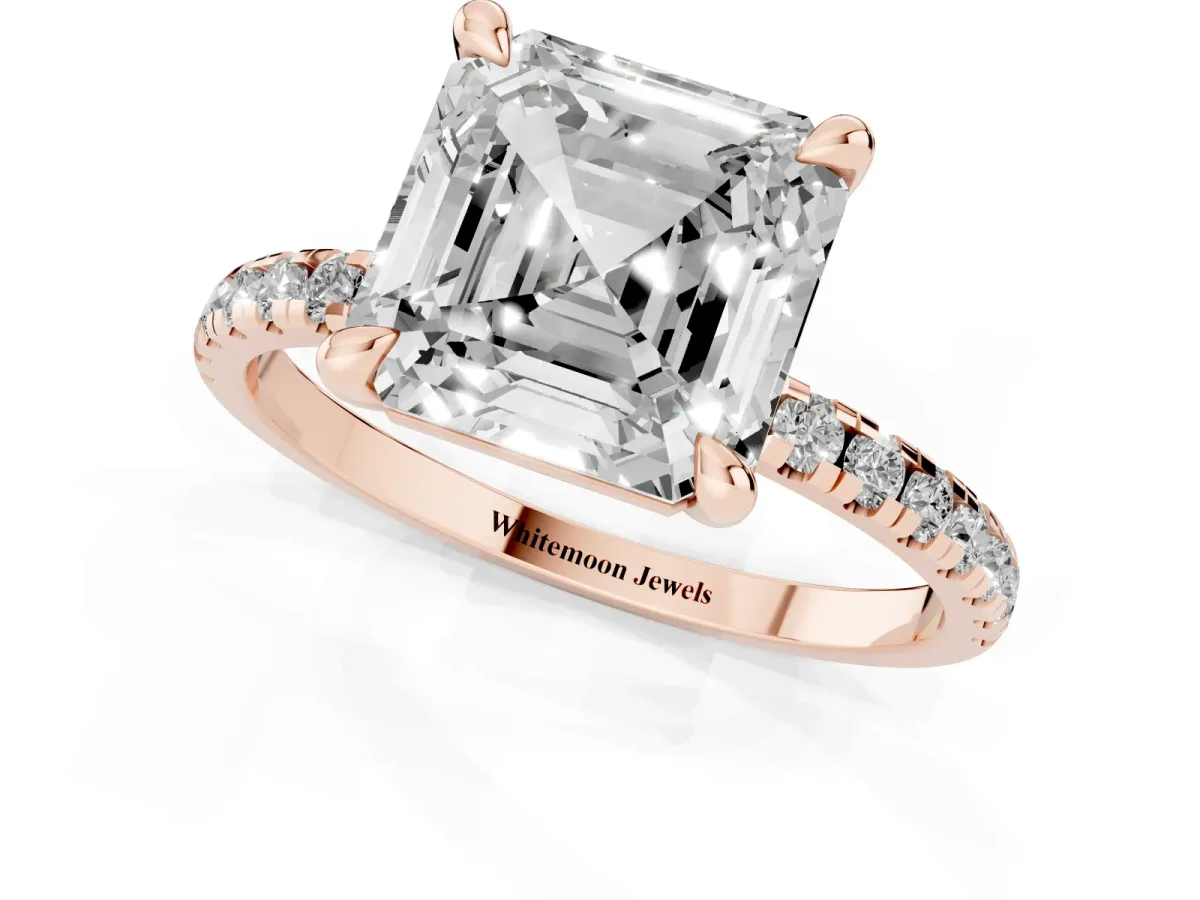 Asscher Cut Diamond Brilliant Solitaire Ring with Pavé Band and Four-Prong Setting Rose gold