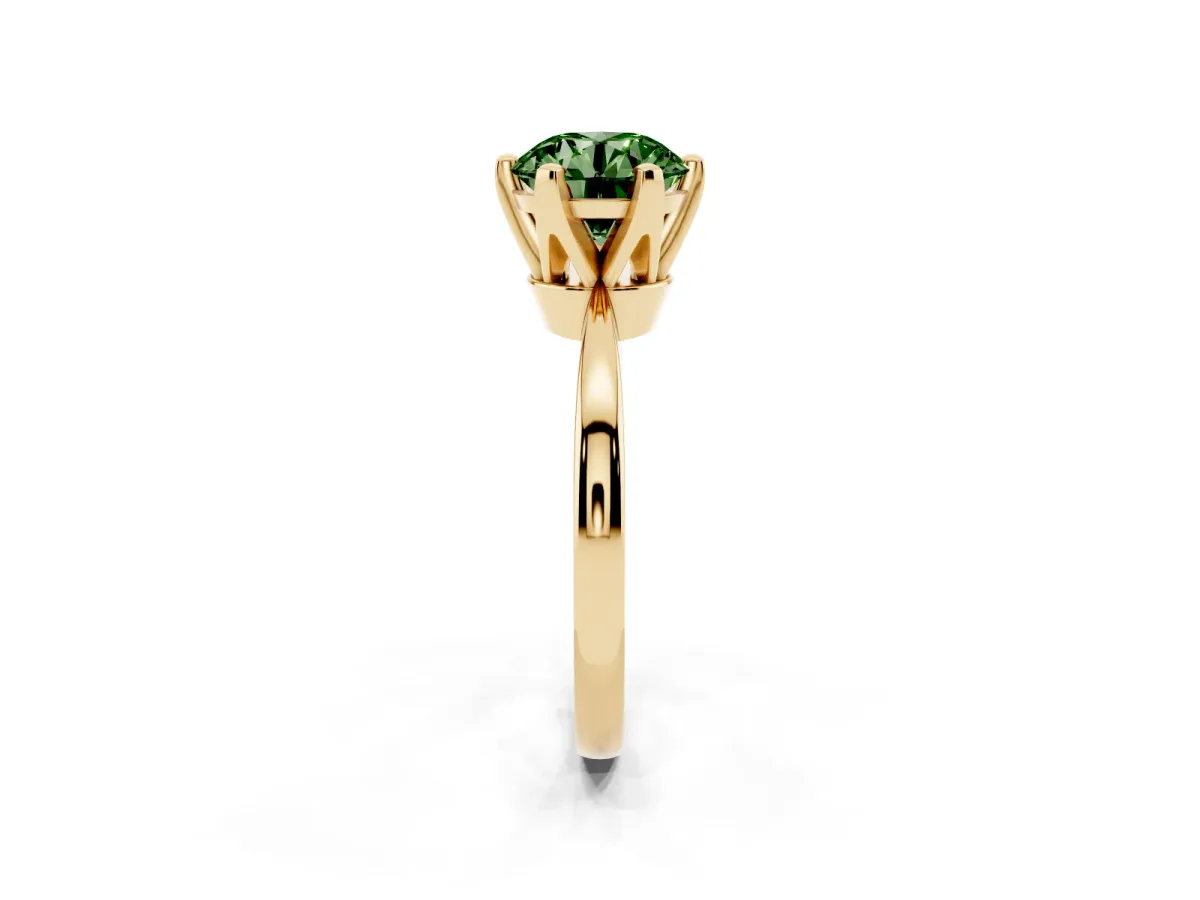 Fancy Green Round Cut Solitaire Engagement Ring with Six-Prong Setting and Tapered Band Yellow gold