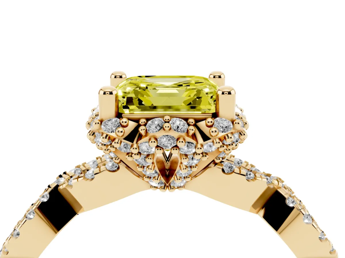 Fancy Yellow Asscher Cut Halo Twist Band Solitaire Ring with Six-Prong Setting Yellow gold
