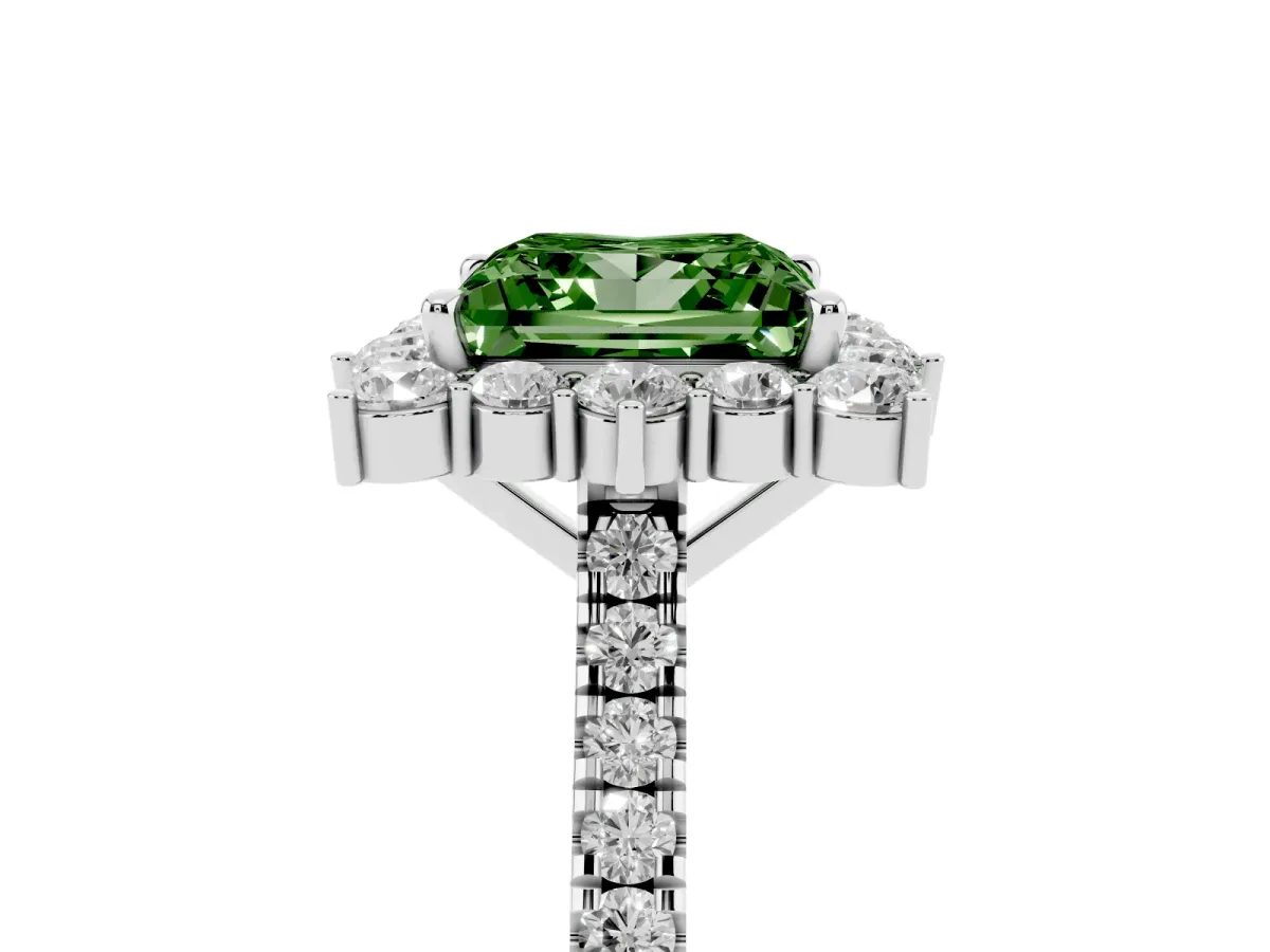 Fancy Green Princess Cut Halo Diamond Ring with Pavé Band and Prong Setting White gold