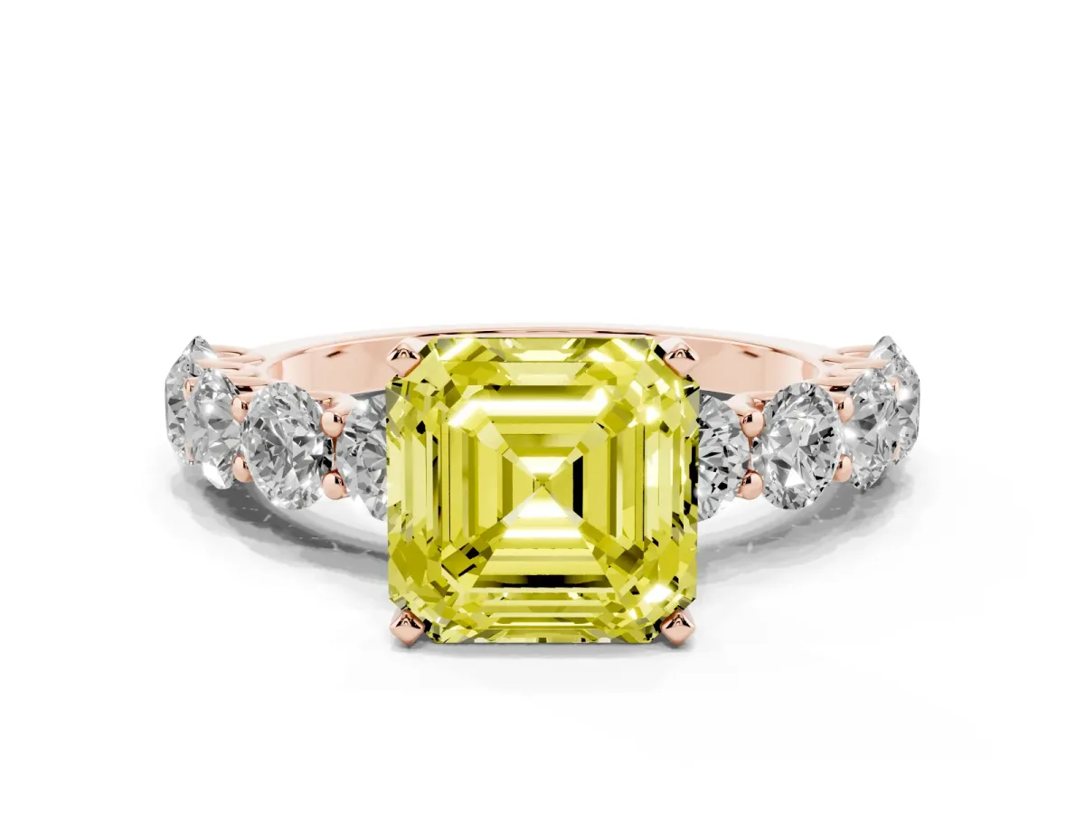 Fancy Yellow Asscher Cut Diamond Prong Setting with Side Stones on a Pave Band Rose gold