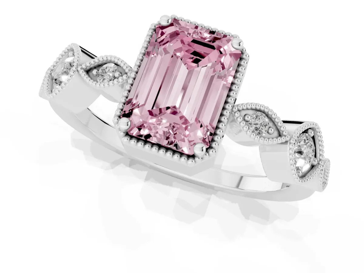 Fancy Pink Emerald Cut Diamond Vintage Milgrain Ring with Round Stations Silver