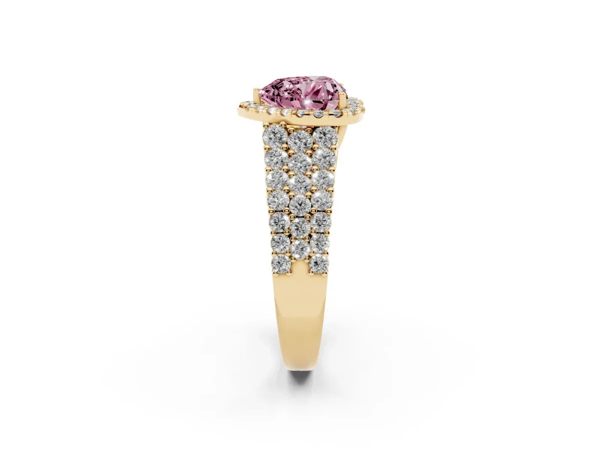 Fancy Pink Heart Cut Diamond Halo Engagement Ring with Triple Row Round Pavé Band and Prong Setting Yellow gold