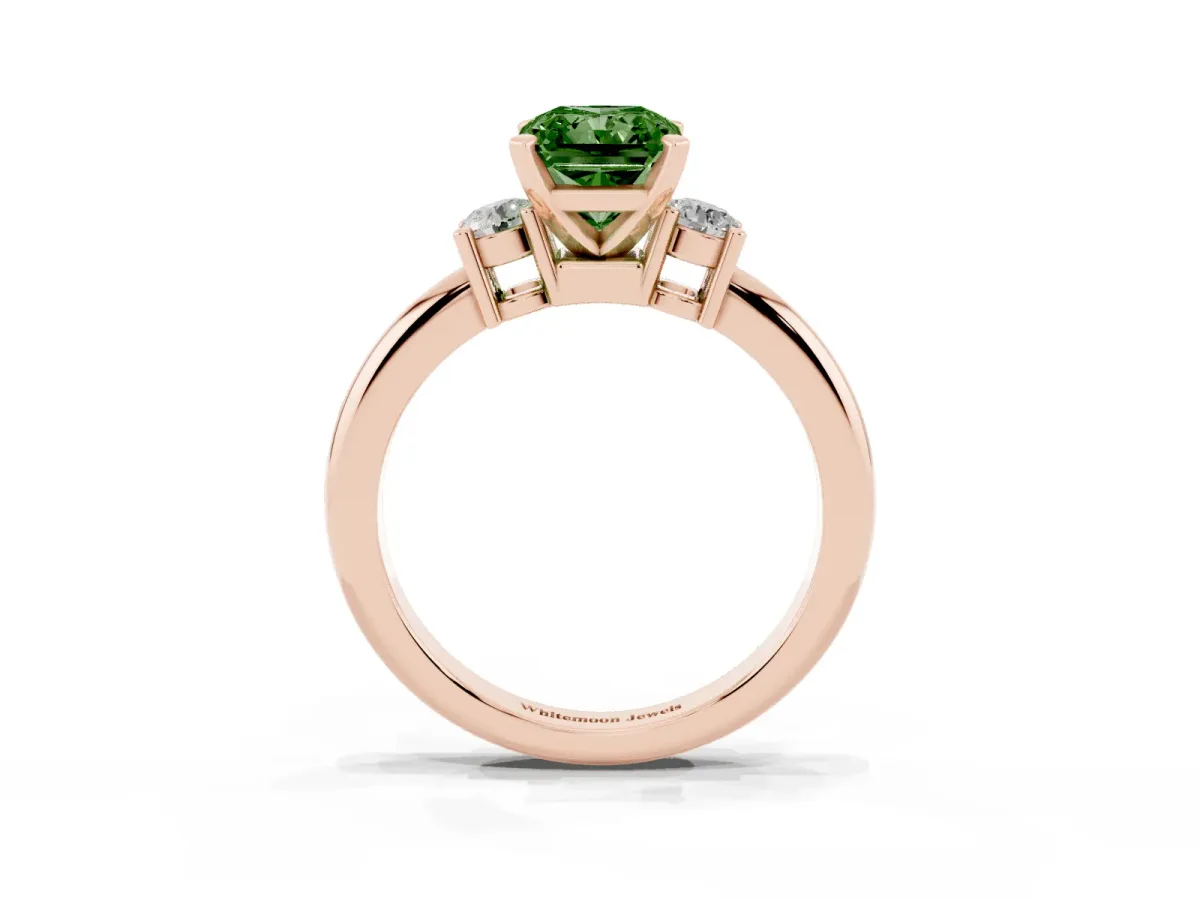Fancy Green Three-Stone Radiant Cut Cut Diamond Solitaire with Prong Setting and Classic Band Rose gold