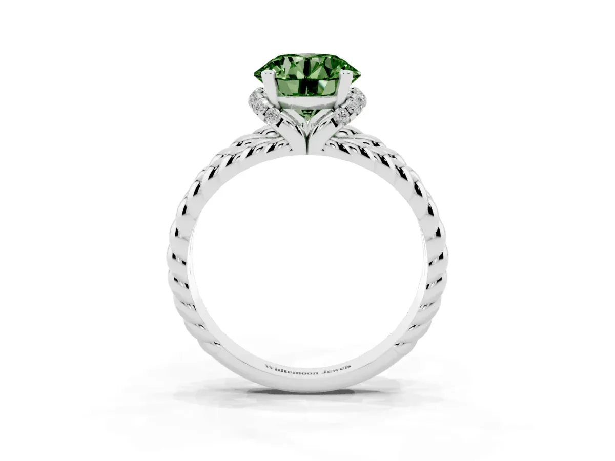 Fancy Green Round Cut Halo Twisted Band Four-Prong Ring Silver