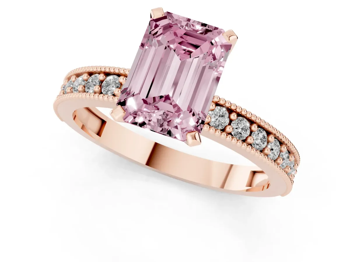Fancy Pink Emerald Cut Diamond Milgrain Pavé Engagement Ring with Four-Prong Setting Rose gold