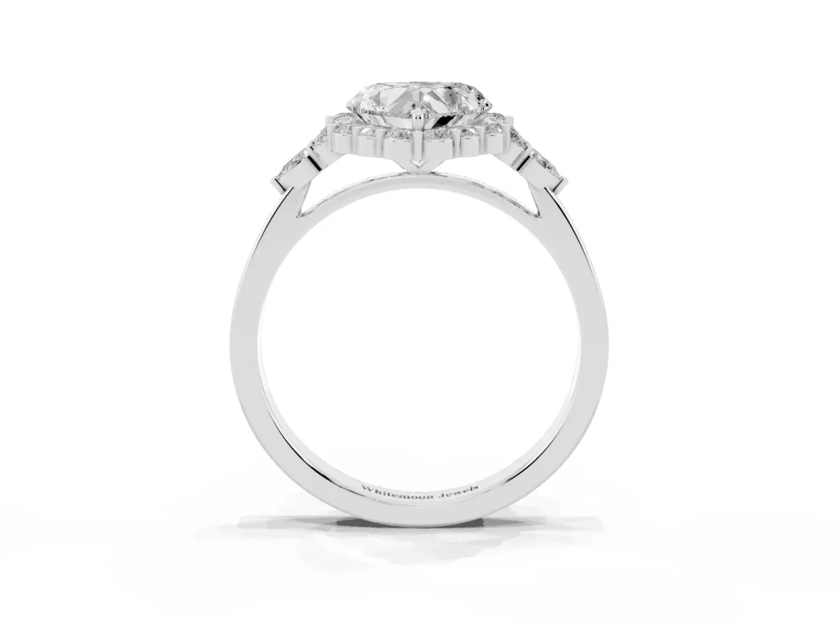 Heart Cut Diamond Halo Ring with Pear Side Stones and Prong Setting Silver