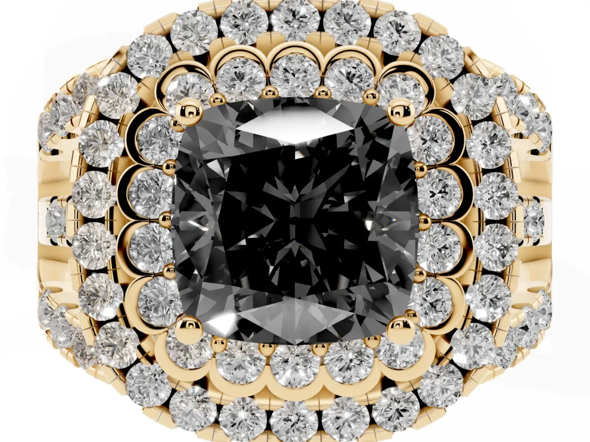 Fancy Black Cushion Cut Diamond Double Halo Ring with Round Pavé Split Shank and Prong Setting Yellow gold