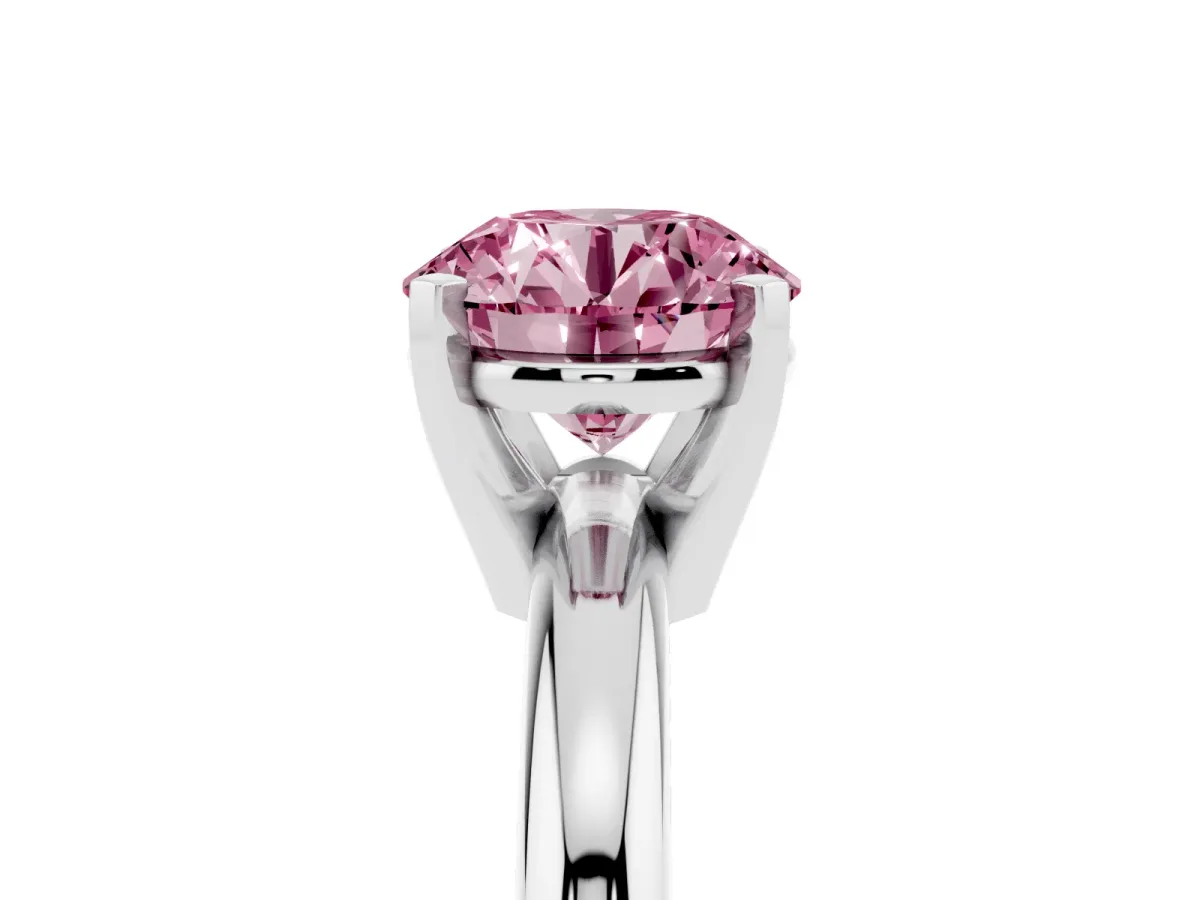 Fancy Pink Round Cut Diamond Solitaire Engagement Ring with Round Band and Four-Prong Setting Platinum