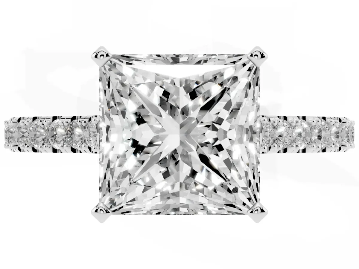 Princess Cut Cut Solitaire Diamond Engagement Ring with Pave Band and Four-Prong Setting Platinum