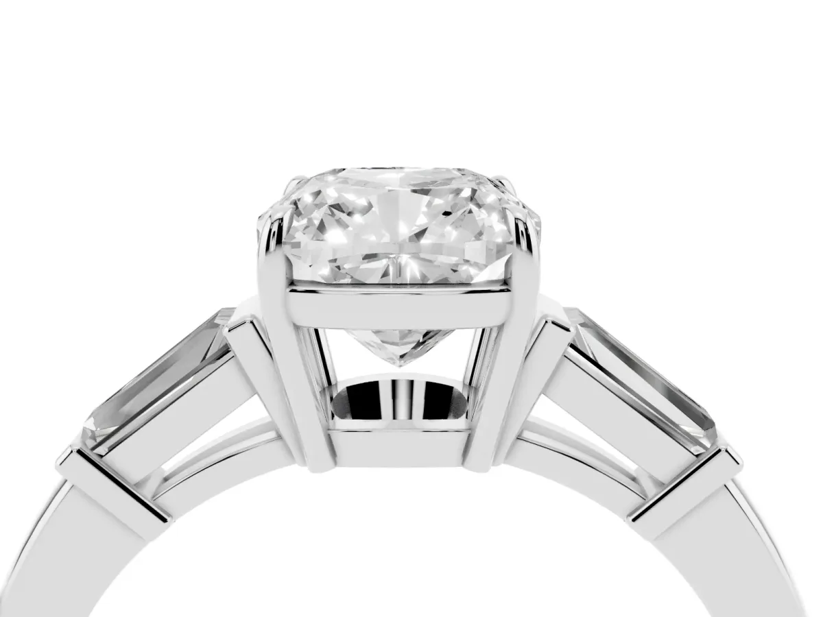 Cushion Cut Diamond Three-Stone Ring with Tapered Baguette Side Stones and Prong Setting White gold