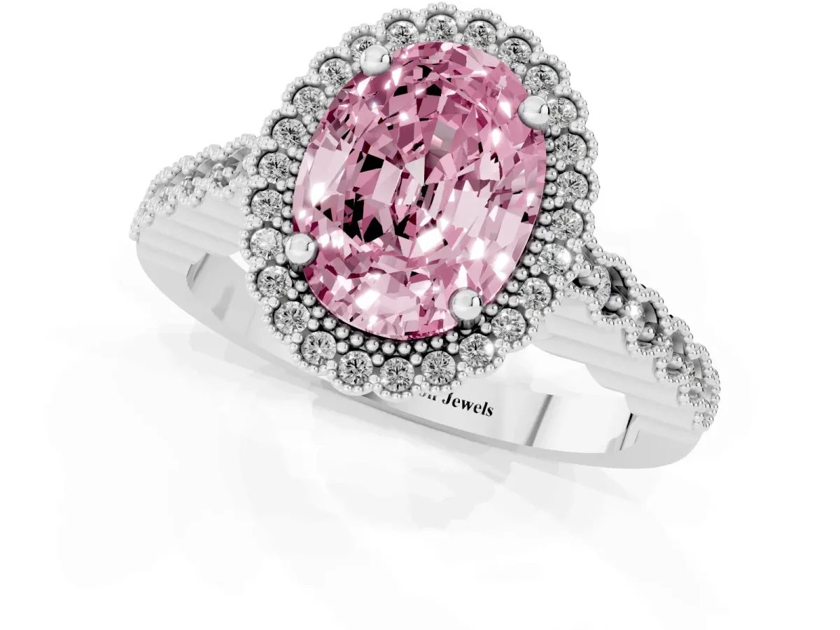 Fancy Pink Oval Cut Cut Halo Pavé Solitaire Ring with Milgrain Band White gold