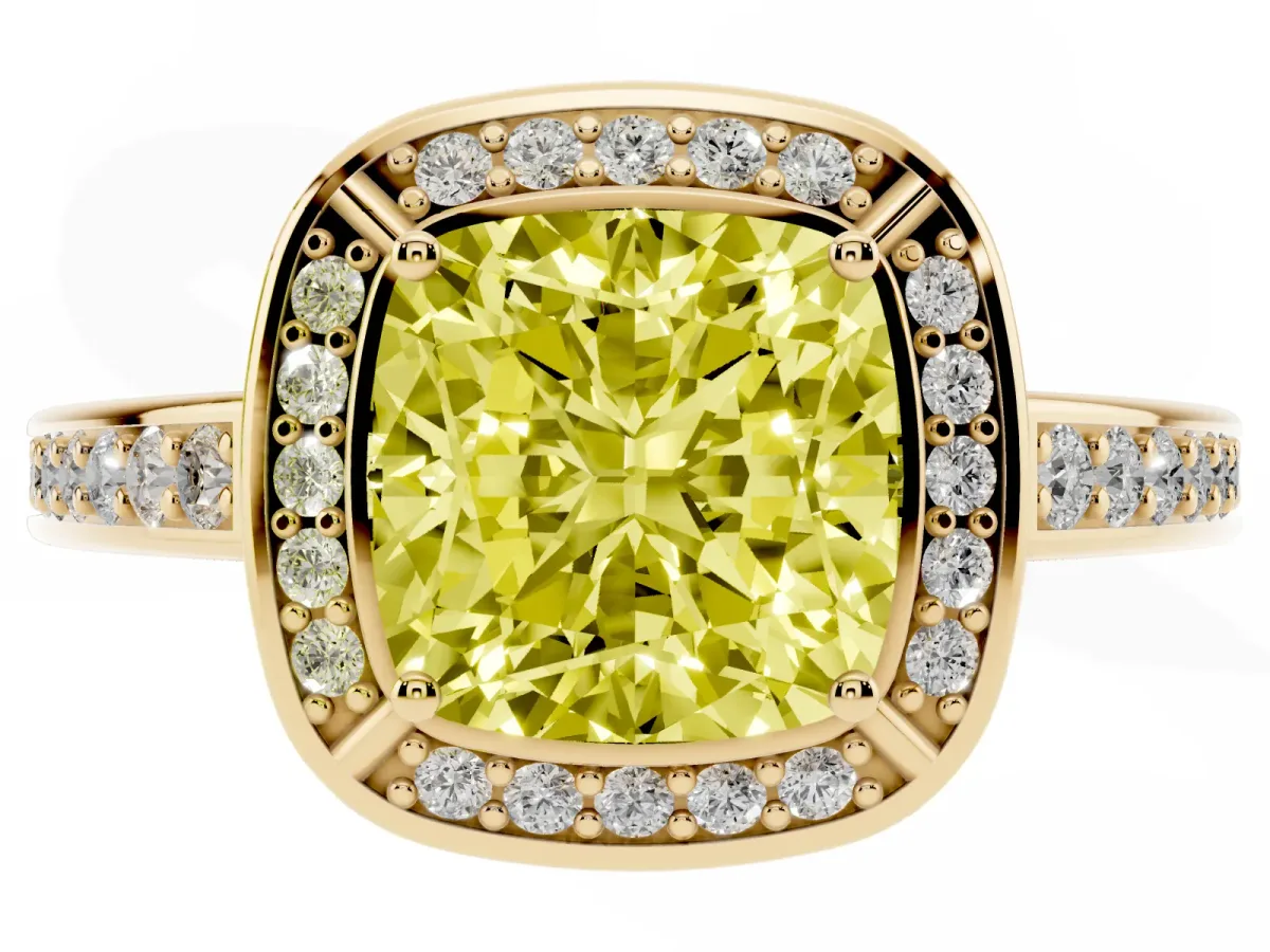 Fancy Yellow Cushion Cut Cut Halo Pave Split Shank Prong Setting Ring Yellow gold