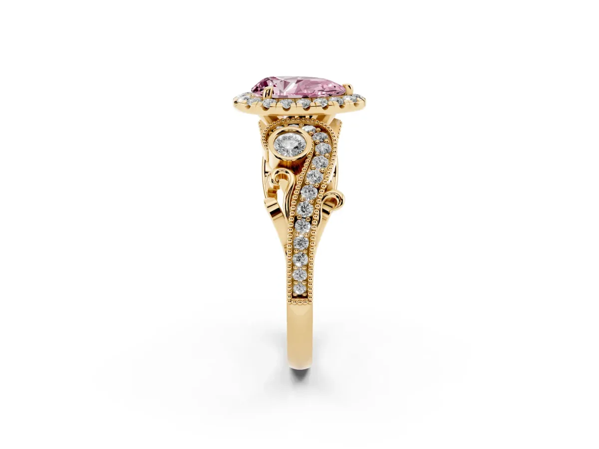 Fancy Pink Pear Cut Halo Diamond Ring with Milgrain and Bezel Accents on a Split Shank Band Yellow gold