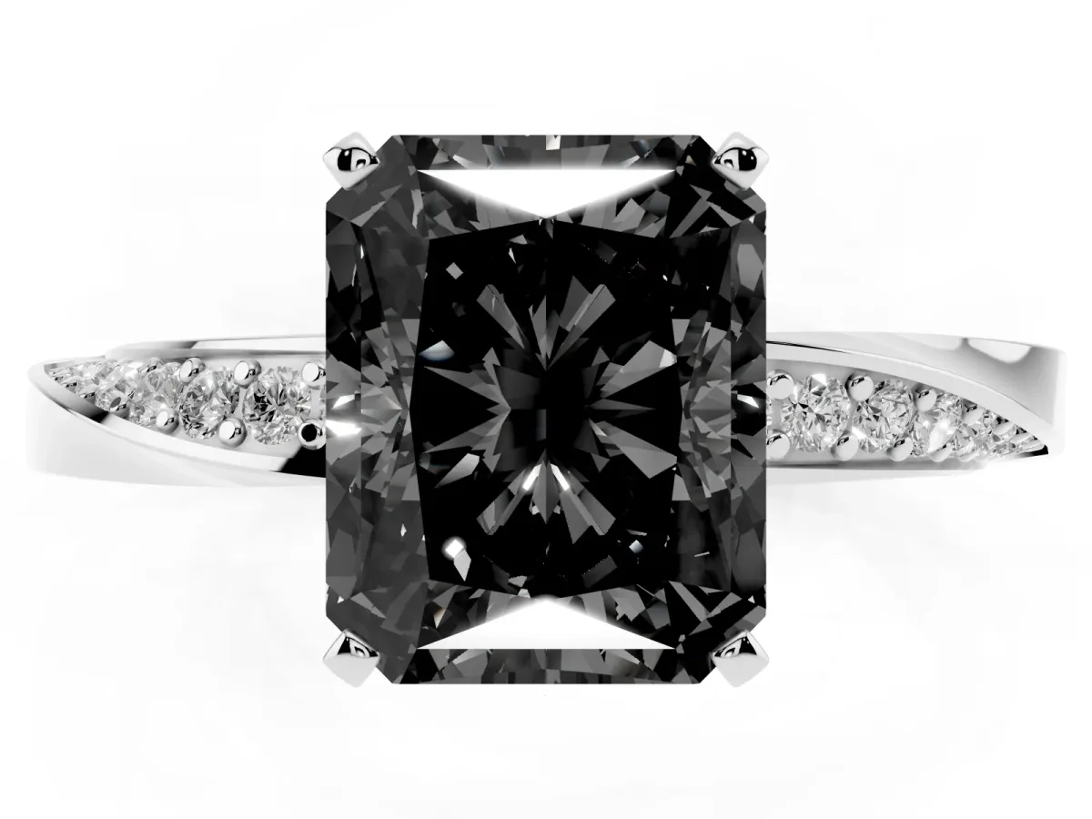 Fancy Black Radiant Cut Diamond Engagement Ring with Side Stone Accents and Four-Prong Setting Silver