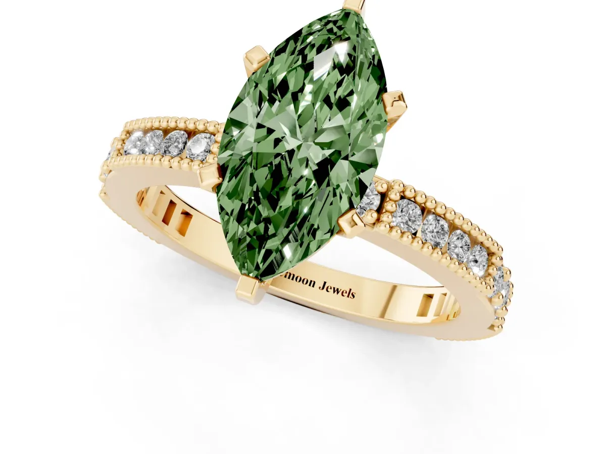 Fancy Green Marquise Cut Solitaire with Pavé Band and Four-Prong Setting Yellow gold