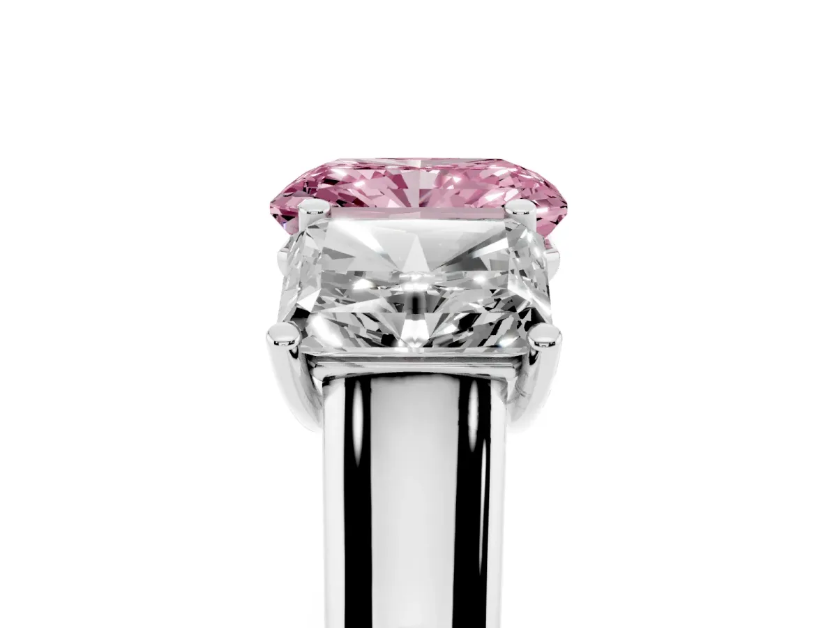 Fancy Pink Radiant Cut Three-Stone Diamond Ring with Prong Setting on a Classic Band Silver