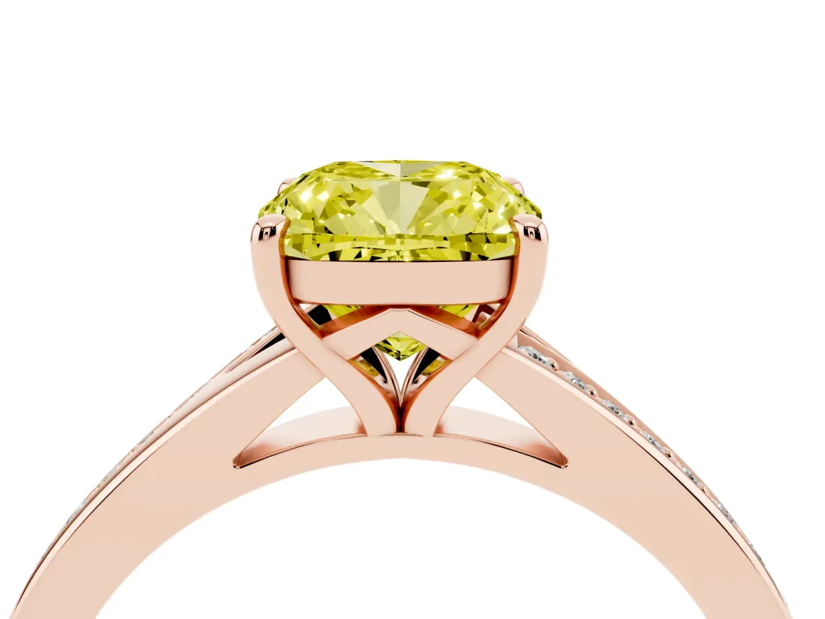 Fancy Yellow Cushion Cut Diamond Solitaire Ring with Pavé Band and Prong Setting Rose gold