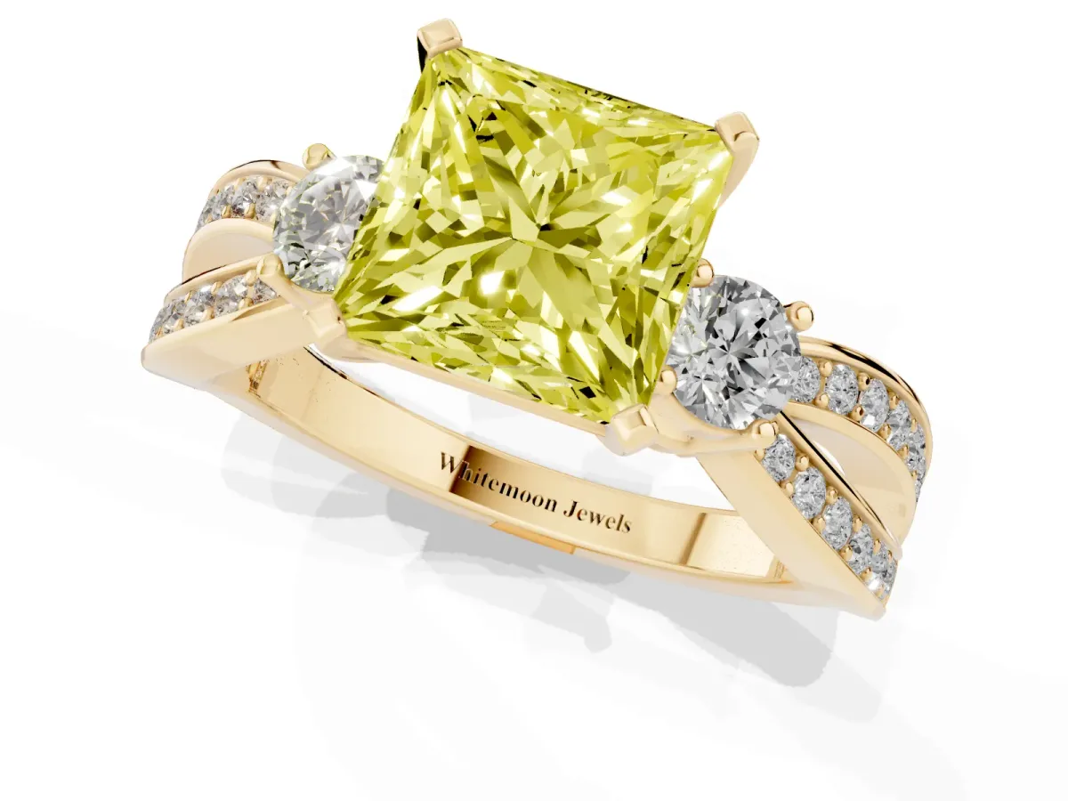 Fancy Yellow Three-Stone Princess Cut Cut Diamond Twist Band with Prong Setting Yellow gold