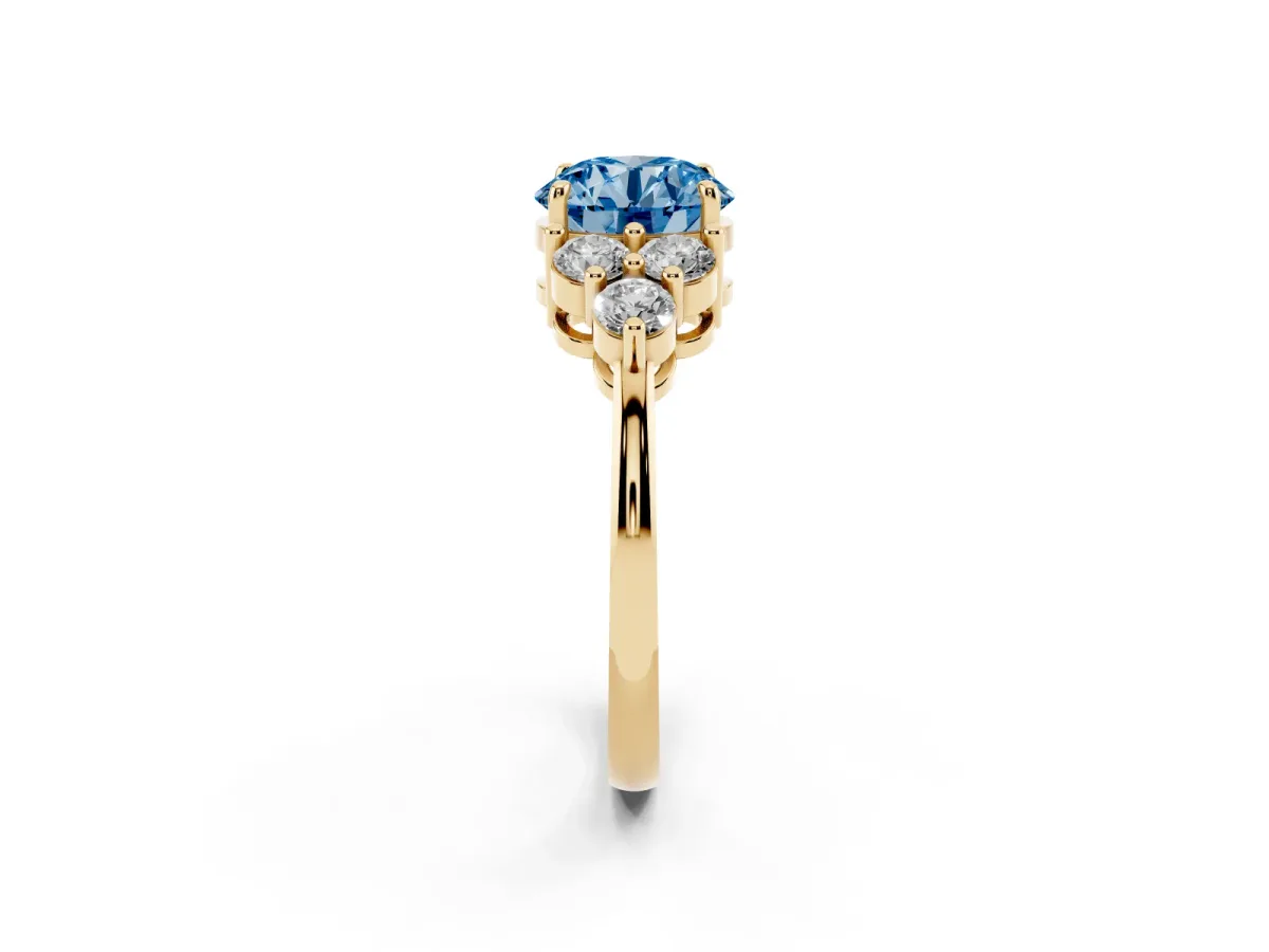 Fancy Blue Round Cut Brilliant Diamond Cluster Accent Solitaire Ring with Prong Setting Yellow gold