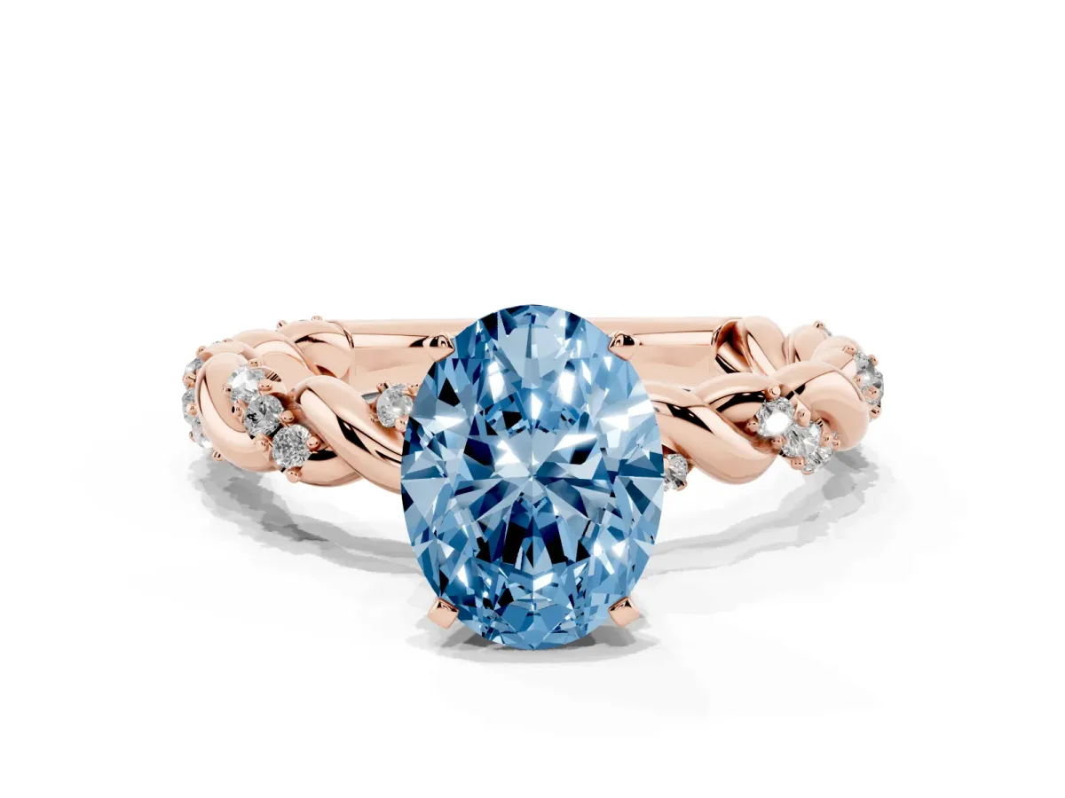 Fancy Blue Oval Cut Diamond Solitaire Ring with Twisted Band and Pavé Accents Rose gold