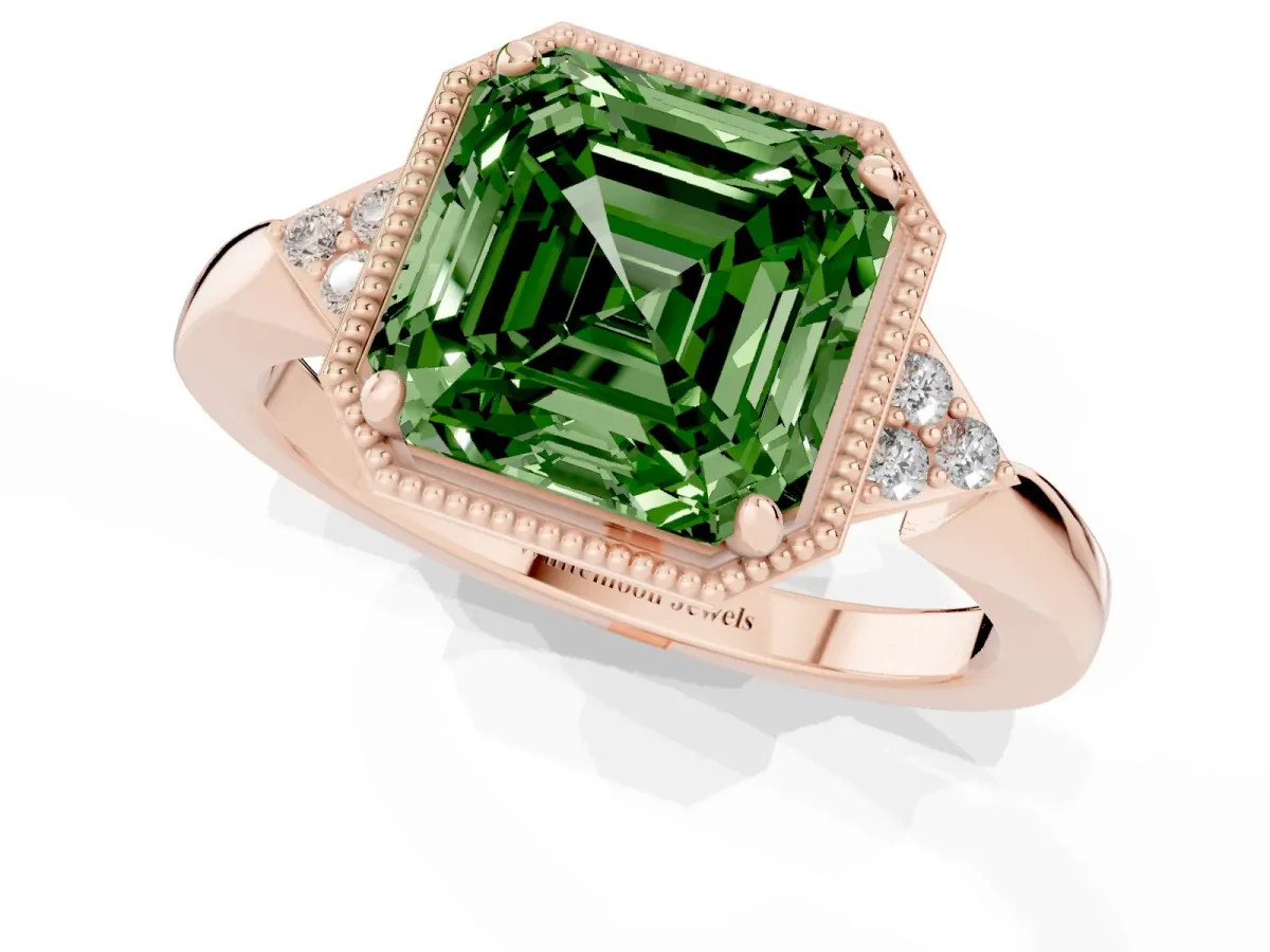 Fancy Green Hexagonal Halo Asscher Cut Diamond Solitaire with Pavé Band and Four-Prong Setting Rose gold