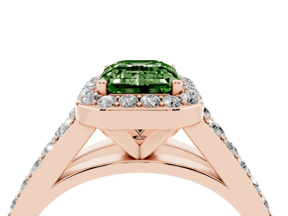 Fancy Green Emerald Cut Diamond Split Shank Halo Ring with Four-Prong Setting Rose gold