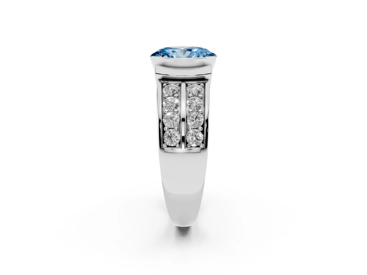 Fancy Blue Oval Cut Brilliant Diamond Channel Set Wide Band Ring with Bezel Setting Platinum