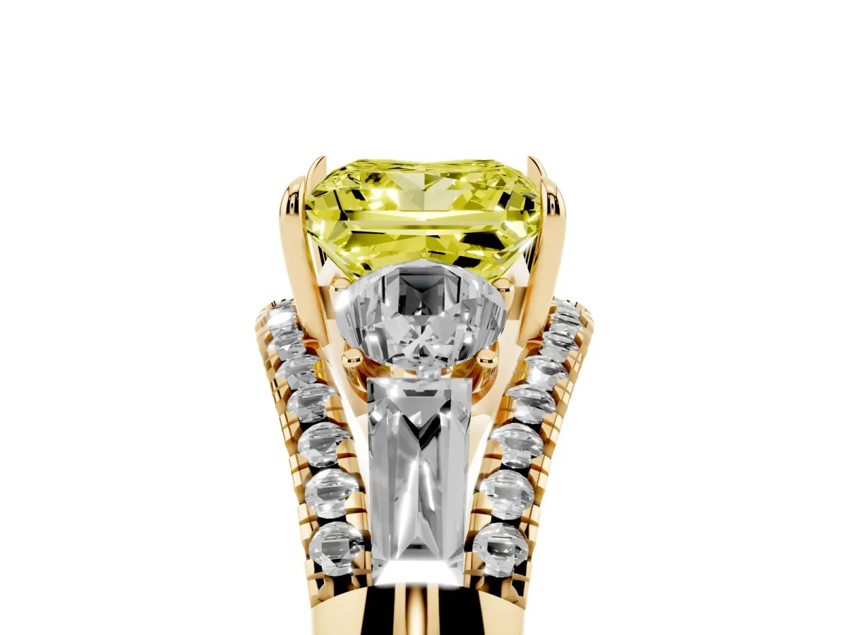 Fancy Yellow Three-Stone Princess Cut Diamond Engagement Ring with Pave Band and Prong Setting Yellow gold