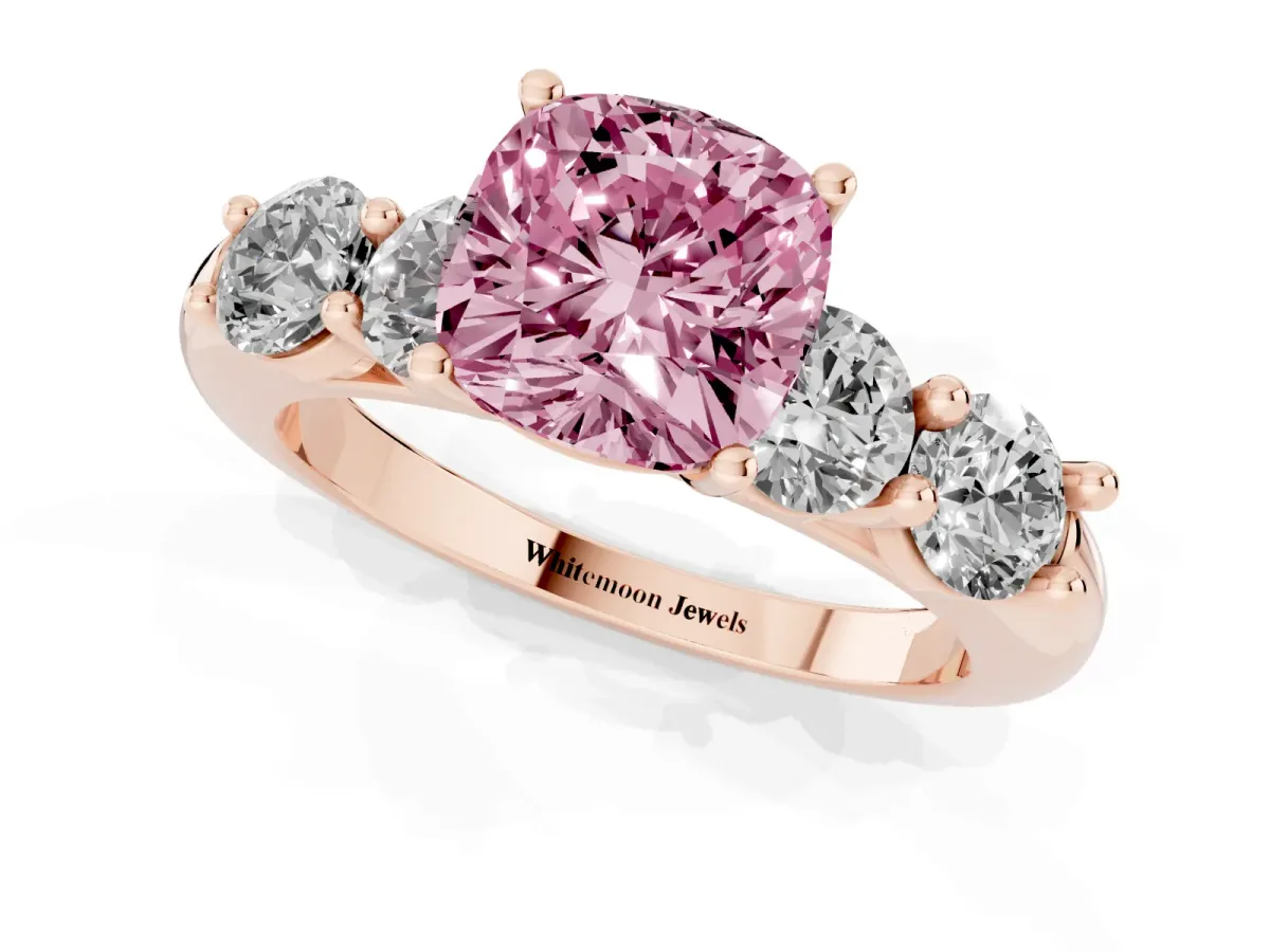 Fancy Pink Cushion Cut Cut Five-Stone Prong Set Diamond Ring with Classic Band Rose gold