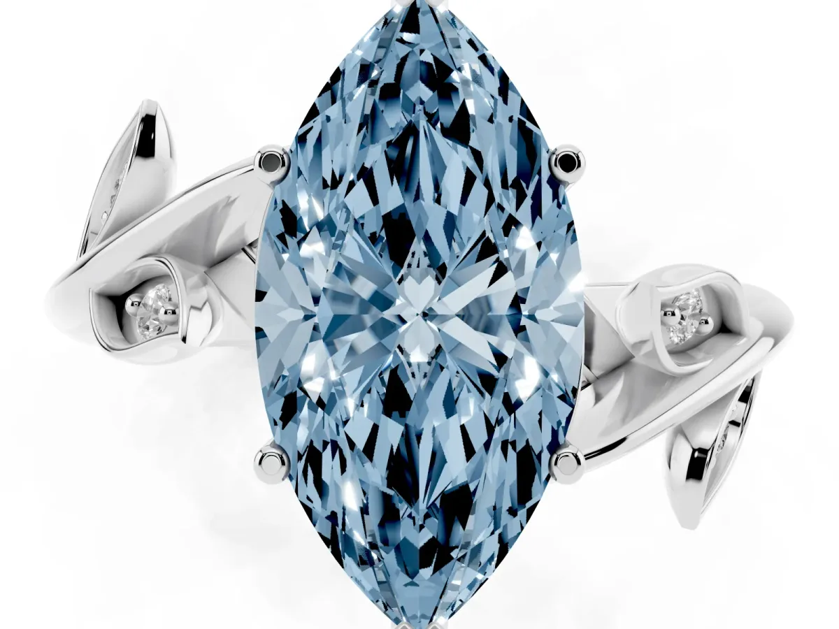 Fancy Blue Marquise Cut Solitaire Twist Engagement Ring with Leaf Accents and Prong Setting Platinum