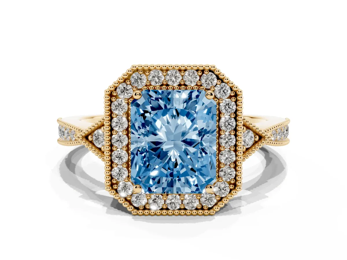 Fancy Blue Radiant Cut Halo Round Diamond Milgrain Pave Engagement Ring Yellow gold