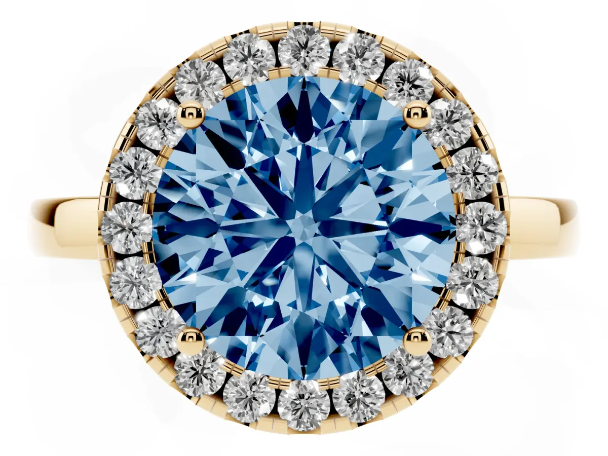 Fancy Blue Round Cut Halo Diamond Solitaire with Pavé Band and Four-Prong Setting Yellow gold