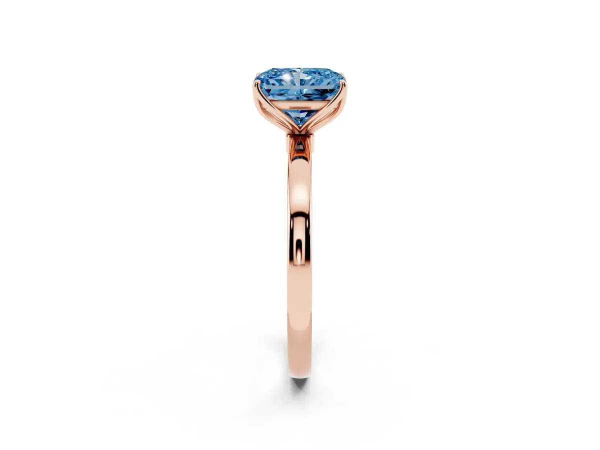 Fancy Blue Radiant Cut Diamond Solitaire Ring with Thin Band and Prong Setting Rose gold