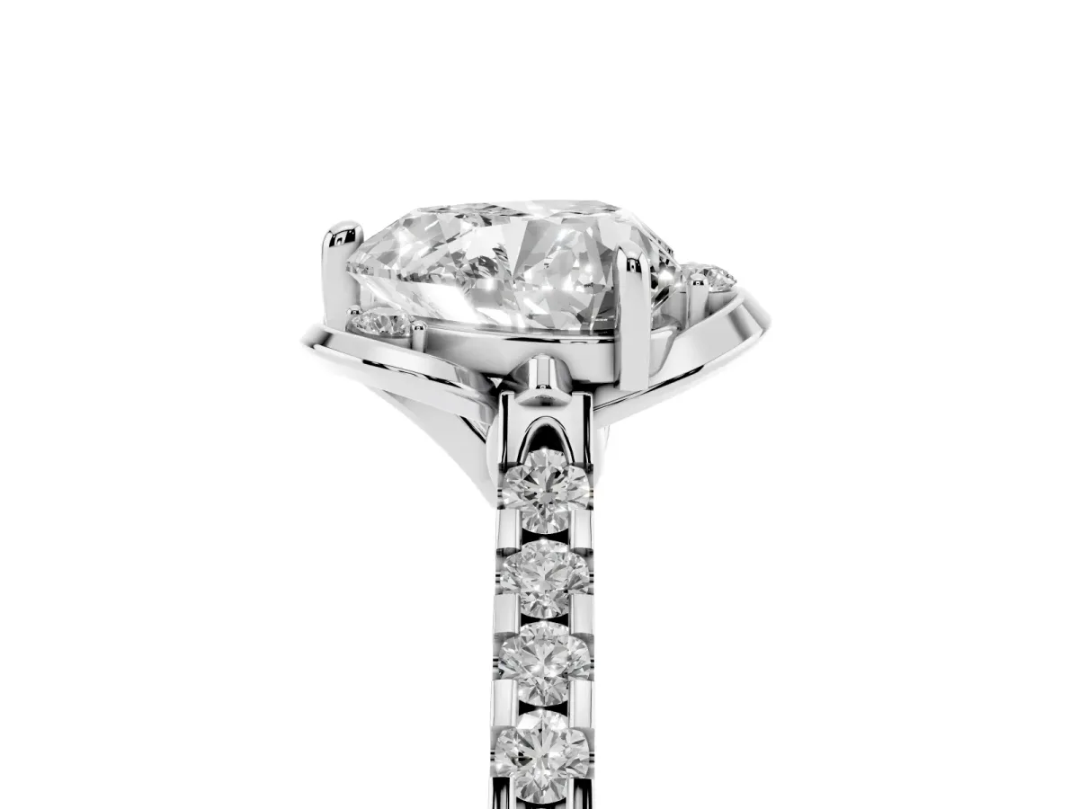 Heart Cut Diamond Ring with Pavé Band and Floral Prong Setting White gold