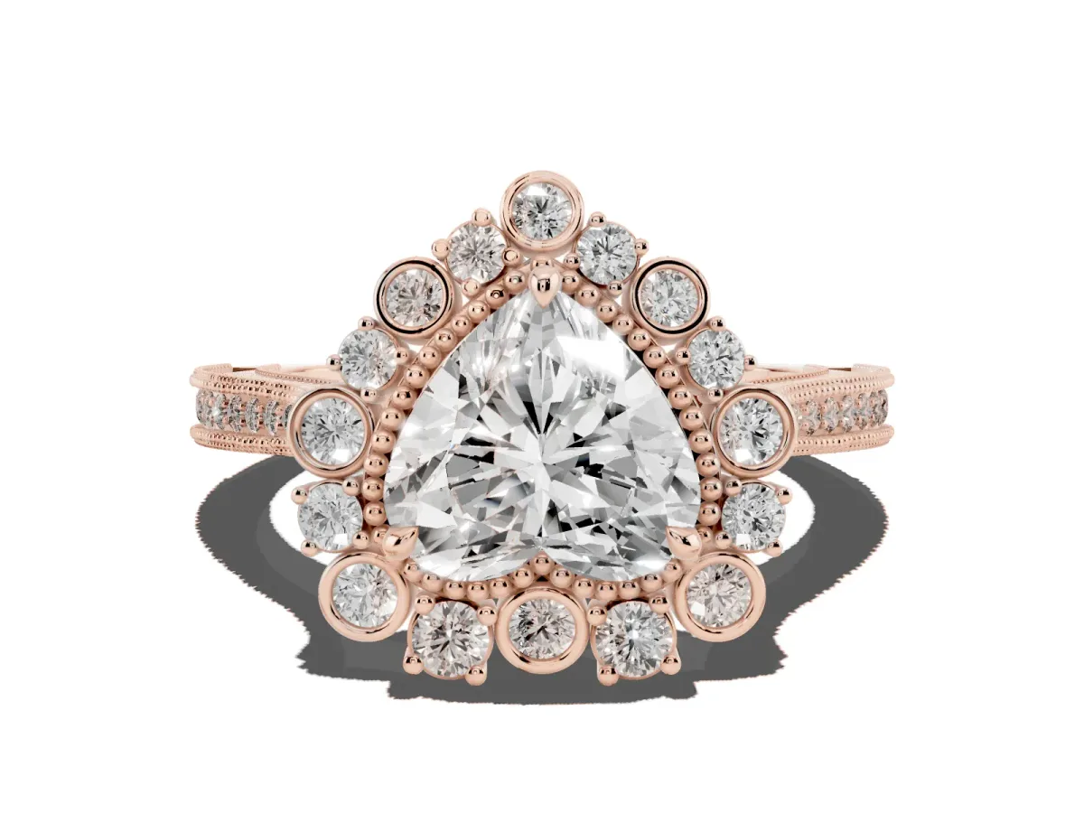 Heart Cut Halo Milgrain Pave Diamond Ring with Four-Prong Setting Rose gold