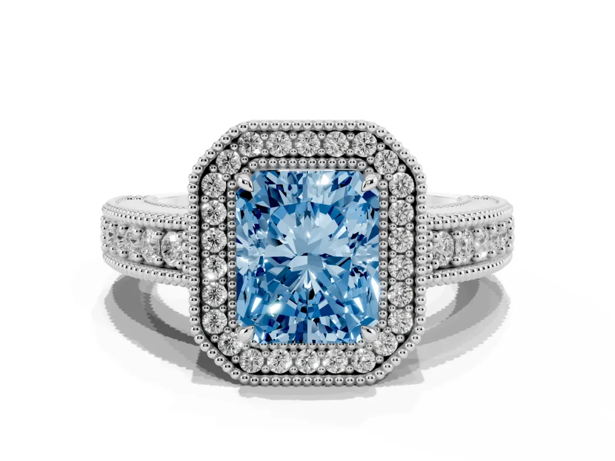 Fancy Blue Radiant Cut Cut Halo Diamond Ring with Pavé Band and Four-Prong Setting Platinum