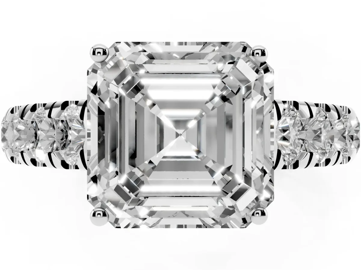 Asscher Cut Cut Diamond Solitaire Ring with Micro Pave Band and Prong Setting Silver
