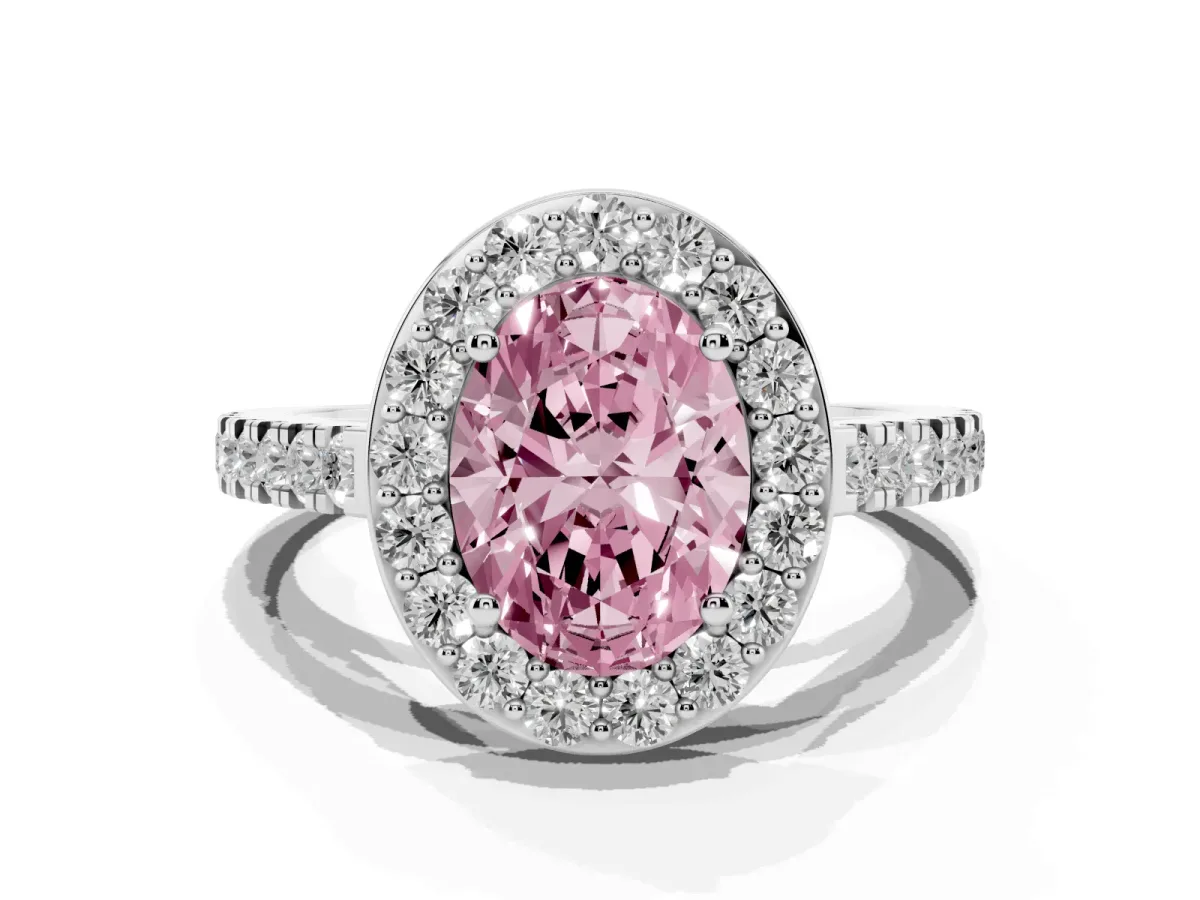 Fancy Pink Oval Cut Diamond Halo Ring with Round Pavé Split Shank and Prong Setting Silver
