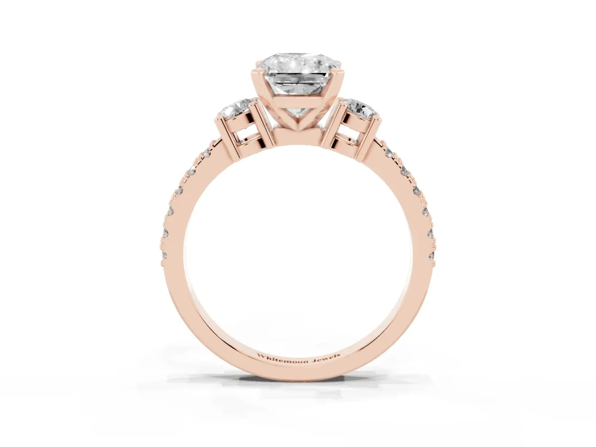 Radiant Cut Three-Stone Diamond Pavé Band with Prong Setting Rose gold