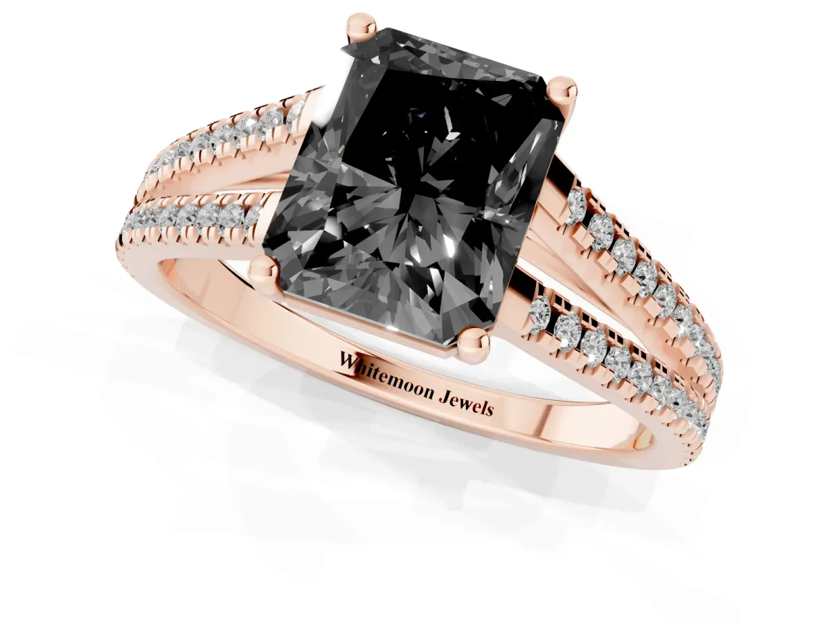 Fancy Black Radiant Cut Diamond Solitaire Engagement Ring with Split Shank Pavé Band Rose gold