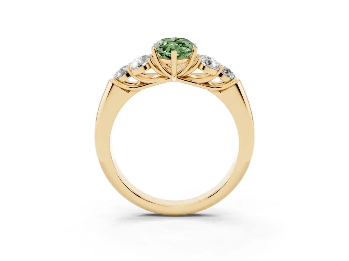 Fancy Green Marquise Cut Cut Diamond Cluster Ring with Round Accent Stones and Prong Setting on a Classic Band Yellow gold