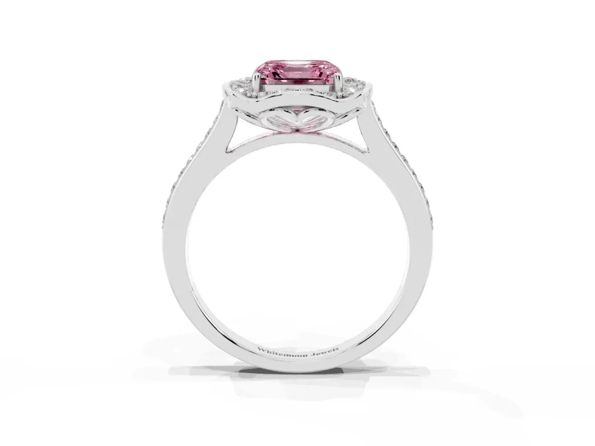 Fancy Pink Asscher Cut Halo Round Diamond Pave Band with Four-Prong Setting Platinum