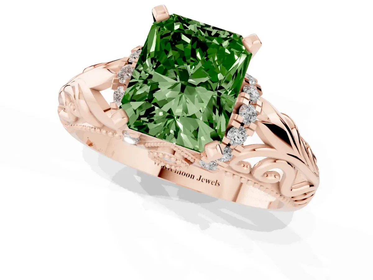 Fancy Green Radiant Cut Solitaire Filigree Engagement Ring with Halo and Prong Setting Rose gold
