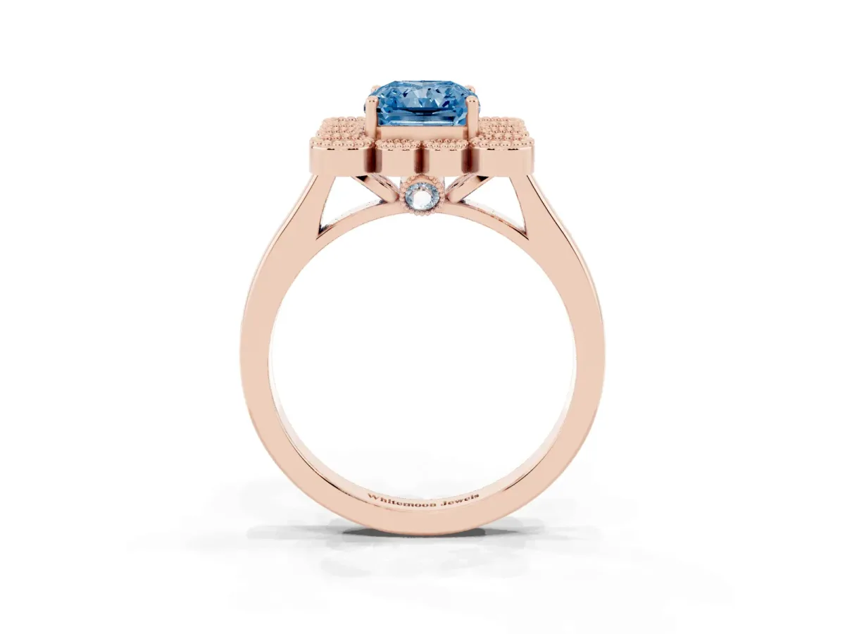 Fancy Blue Radiant Cut Halo Diamond Cluster Engagement Ring with Milgrain Bezel Setting and Solitaire Band Rose gold