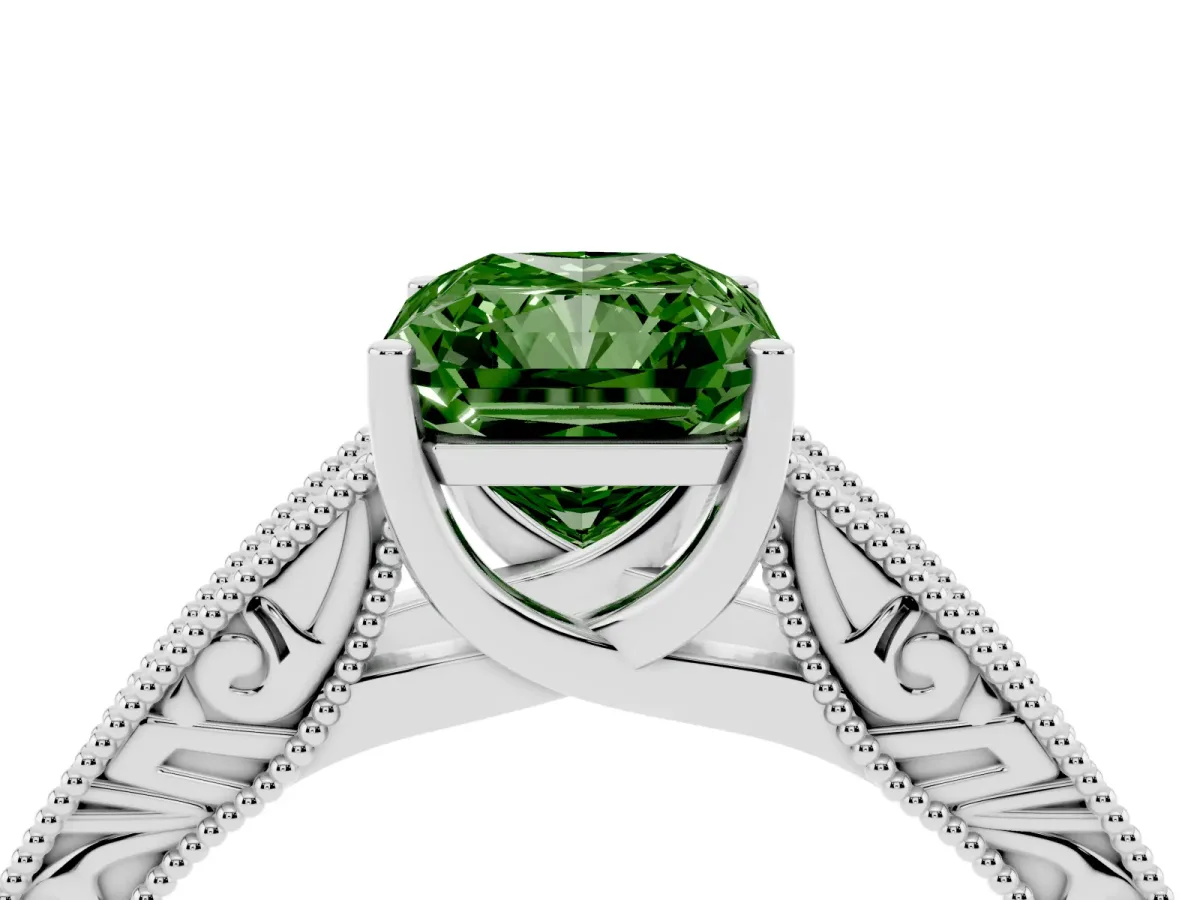 Fancy Green Radiant Cut Diamond Solitaire Ring with Engraved Band and Four-Prong Setting Platinum